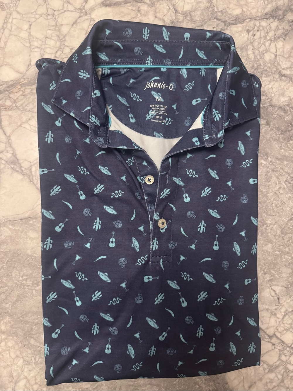 johnnie-O Navy Polo with Teal Novelty Print